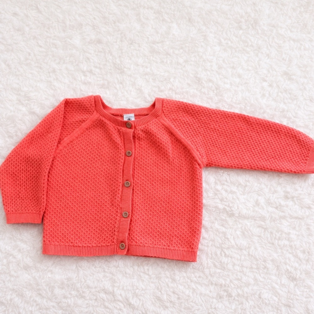 Petit Bateau Coral Orange Knit Cardigan Baby Girl 3M Textured Button Sweater
